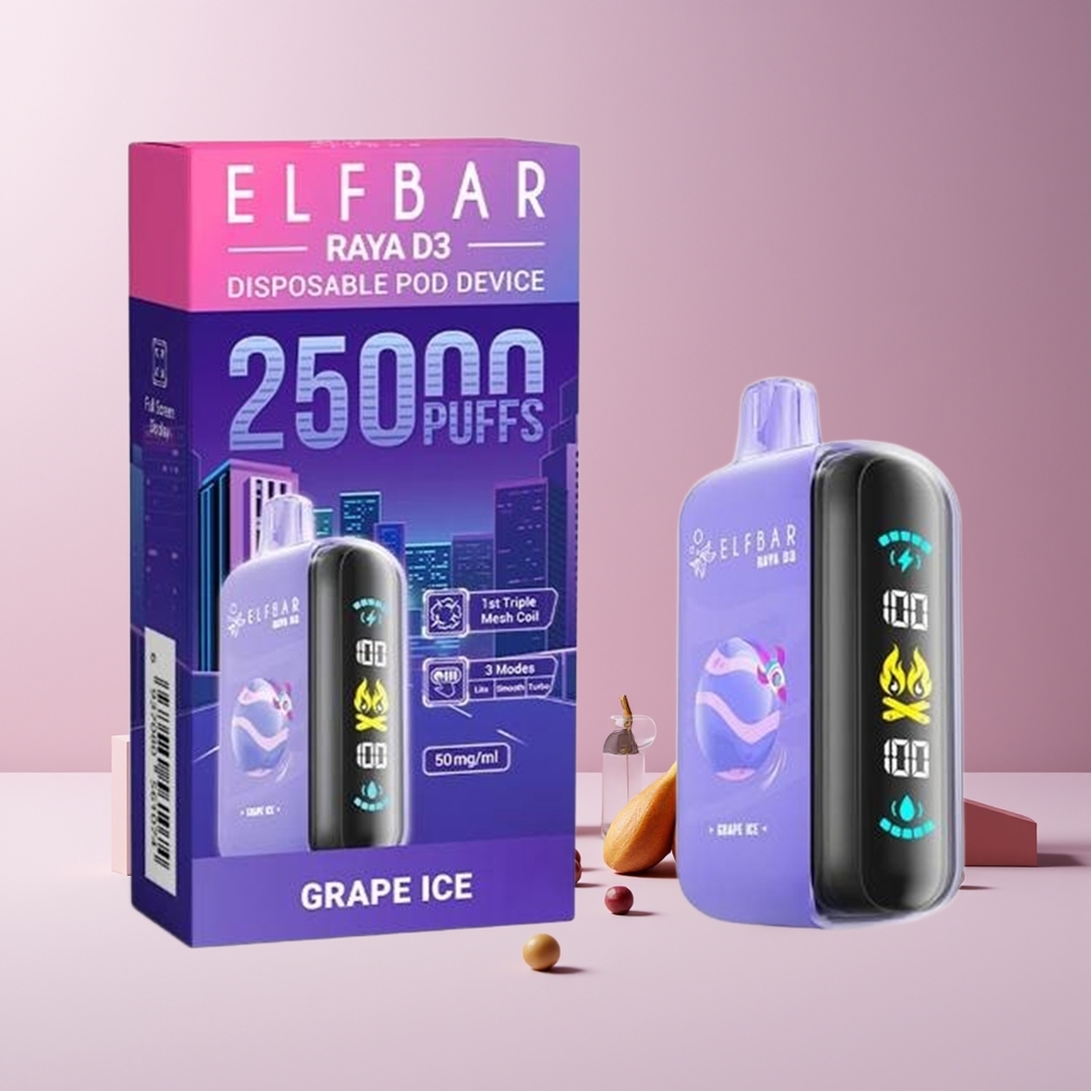 ELF BAR RAYA D3 25000 Puffs France grossiste - Rechargeable 850mAh, 23ml, 5% Nicotine, Glace au Raisin