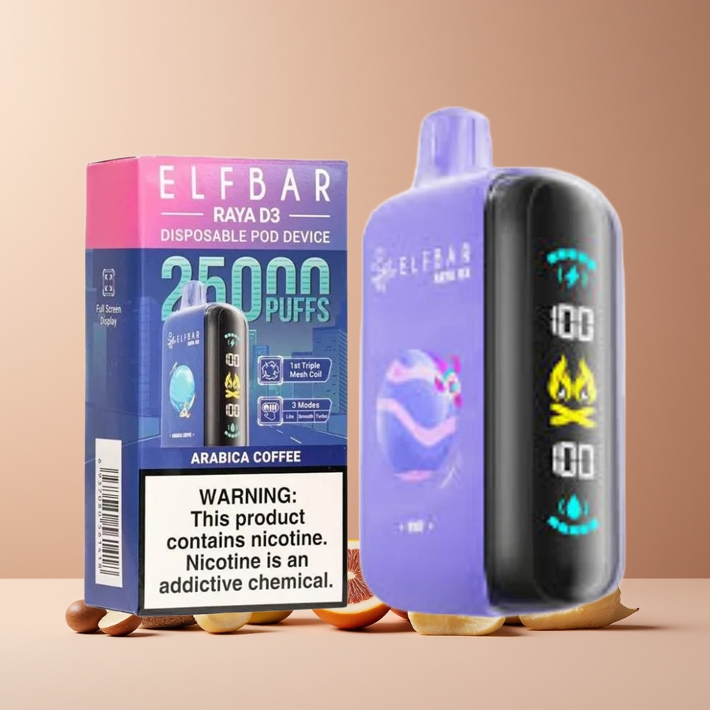 ELF BAR RAYA D3 25 000 Puffs Vape Jetable Rechargeable France Grossiste - 23ml, Café Arabica, 5% Nicotine