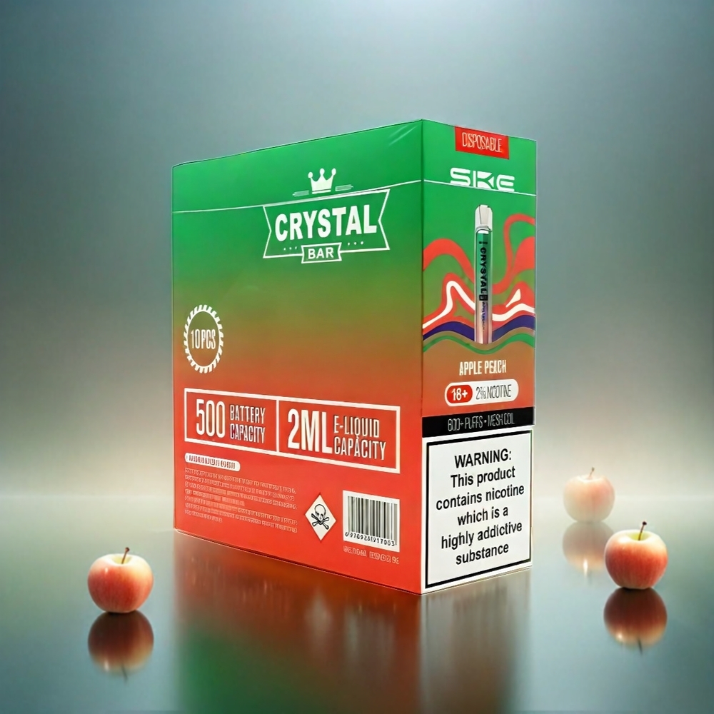 Ske Crystal Bar 600 France Grosiste - 0% 2% Nicotine - 600 bouffées - INOXYDABLE ACIER - Pomme Pêche