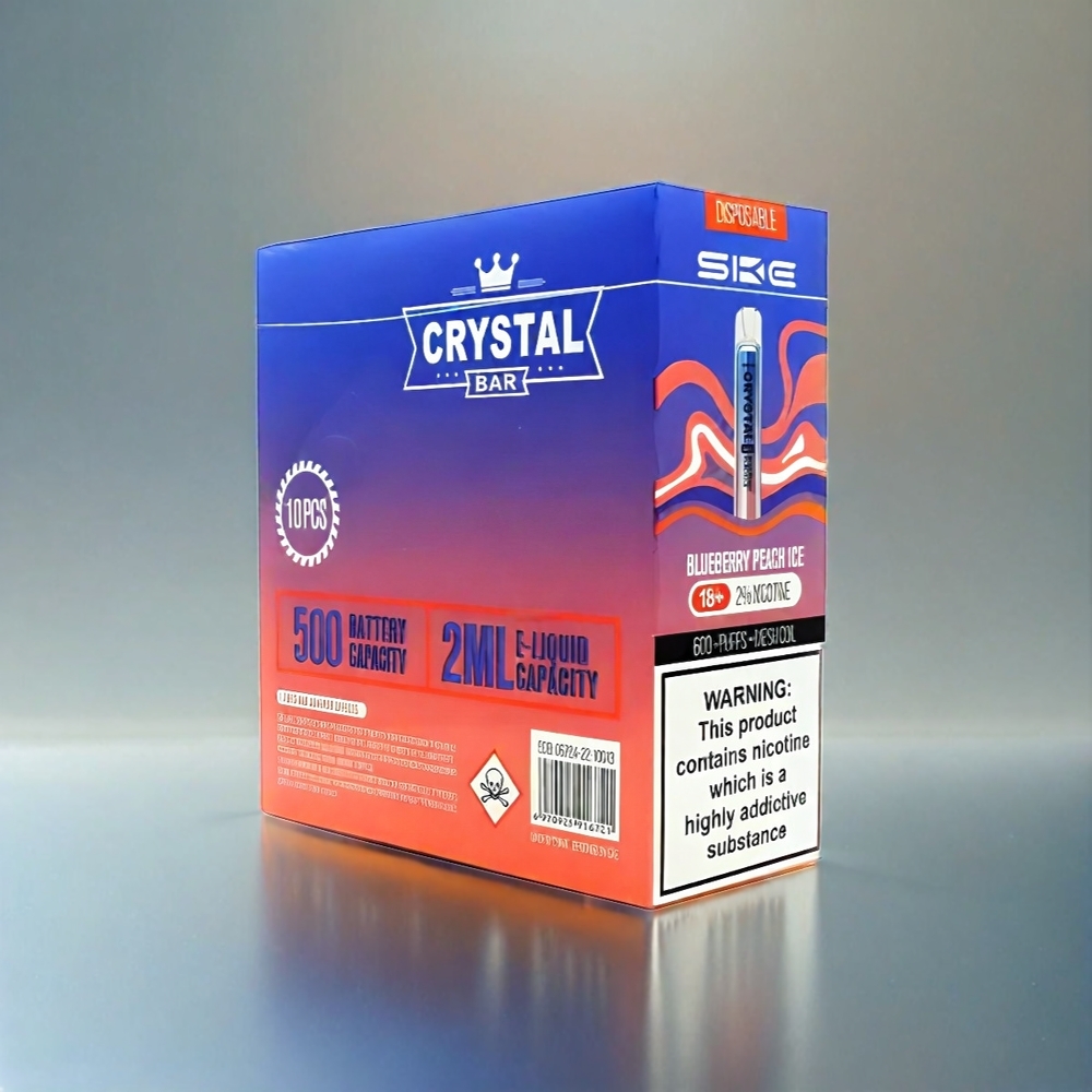 Ske Crystal Bar 600 France Grosiste - 0% de nicotine, 500mAh, 600 bouffées, acier inoxydable + pctg, myrtille pêche glacée