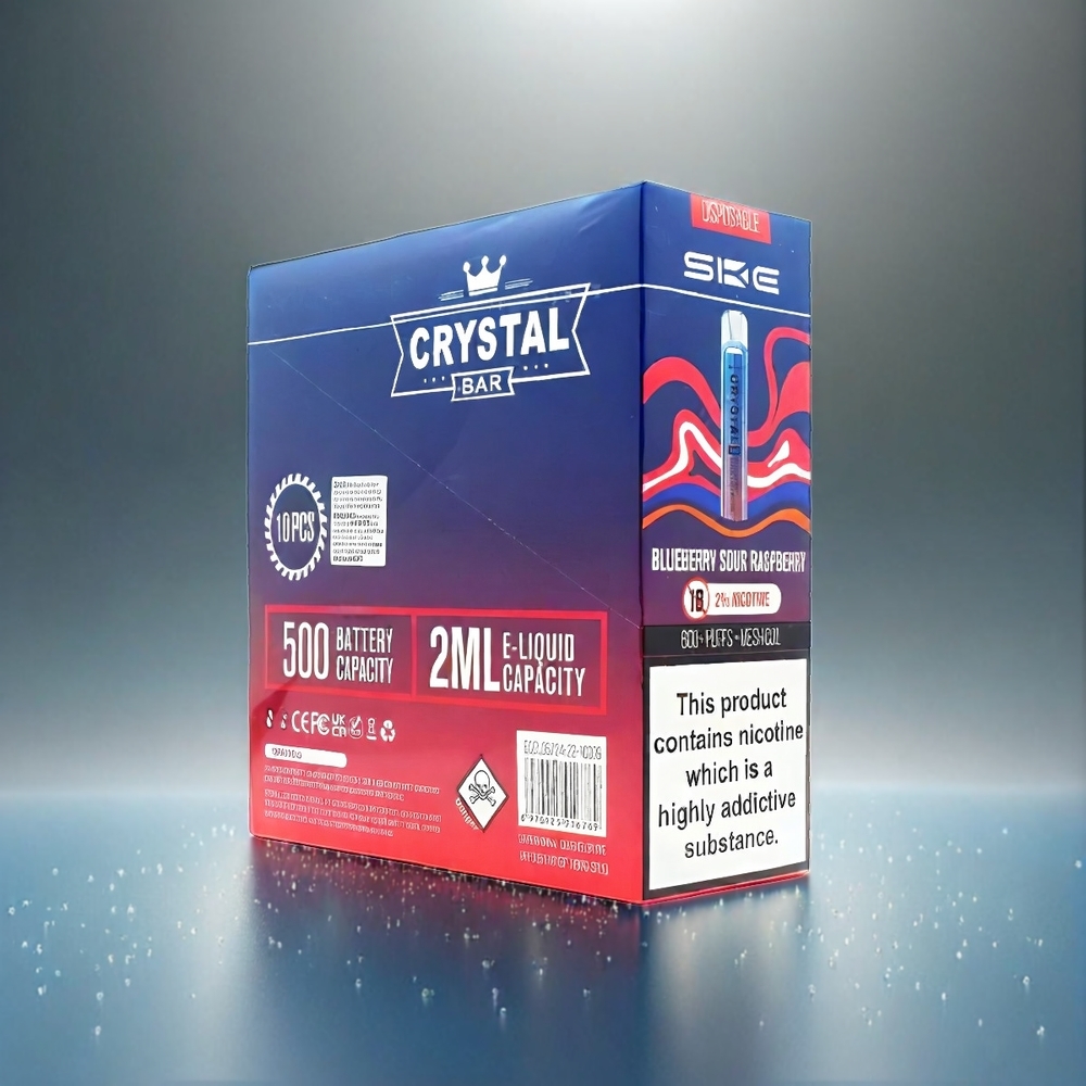 Ske Crystal Bar 600 France Grosiste - 0% de nicotine, 600 bouffées, inoxydable acétique, Bleu Framboise acidulée