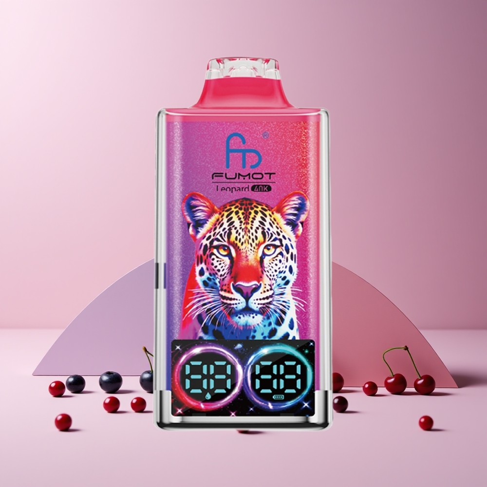 Fumot Leopard 40K Puffs France Grossiste - 0%, 2%, 3%, 5% Nicotine - 700mAh - Dual Mesh - Type-C - Affichage Numérique - Myrtille Cerise Cranberry
