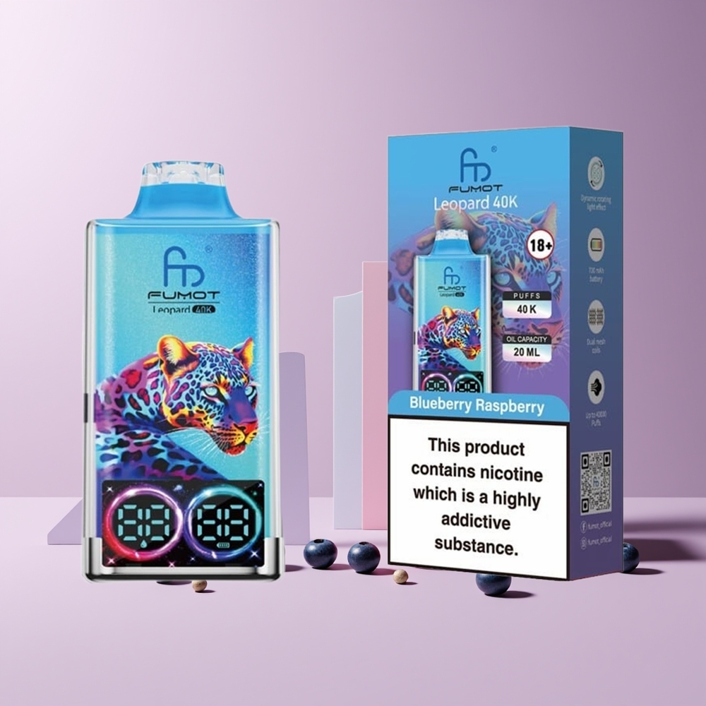 Fumot Leopard 40K Puffs France Grossiste - Double Mesh, 700mAh, Type-C, Affichage Numérique, Myrtille Framboise, 0%-5% Nicotine