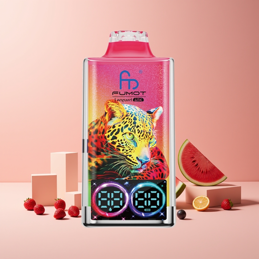 Fumot Leopard 40K Puffs France Grossiste - Fraise Pastèque, 700mAh, Dual Mesh, Type-C, Affichage Numérique, 0%-5% Nicotine