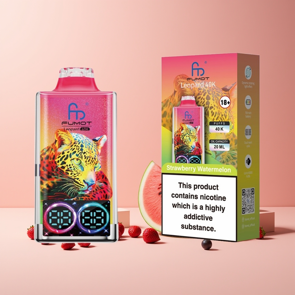 Fumot Leopard 40K Puffs France Grossiste - Fraise Pastèque, 700mAh, Dual Mesh, Type-C, Affichage Numérique, 0%-5% Nicotine