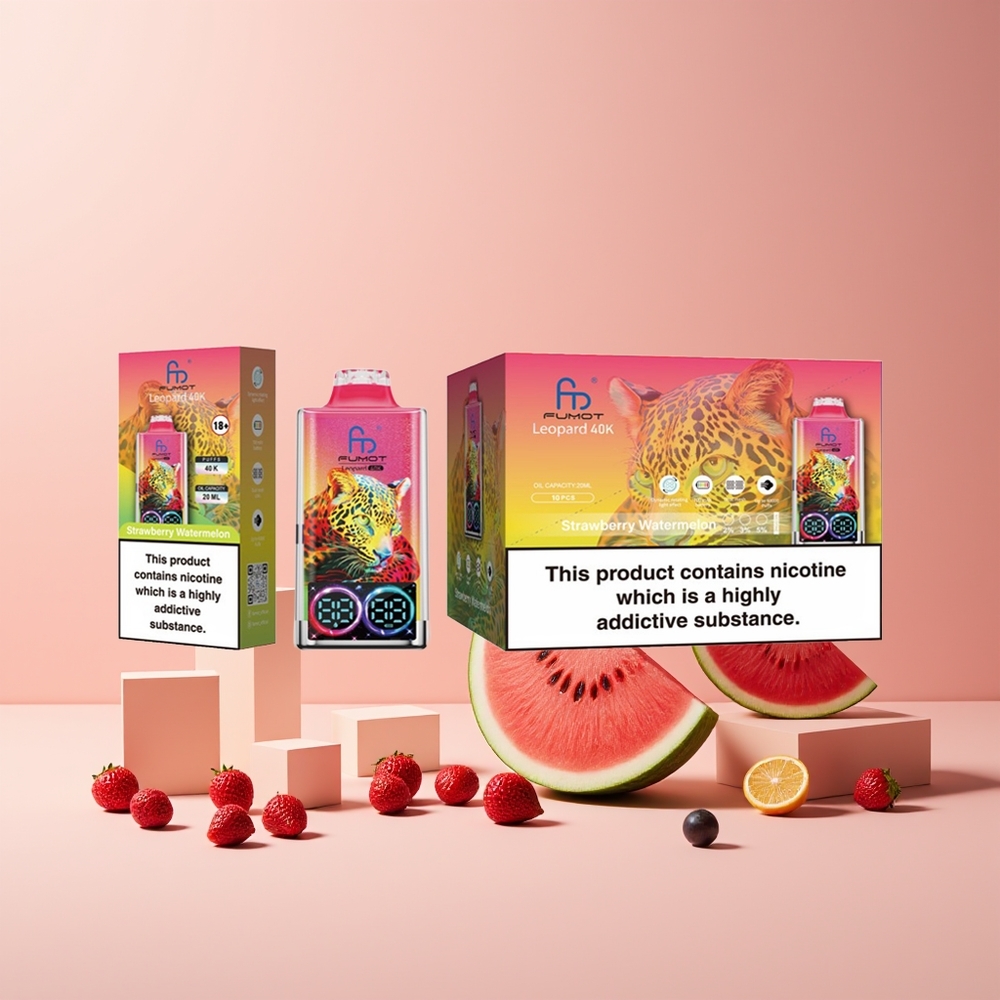 Fumot Leopard 40K Puffs France Grossiste - Fraise Pastèque, 700mAh, Dual Mesh, Type-C, Affichage Numérique, 0%-5% Nicotine