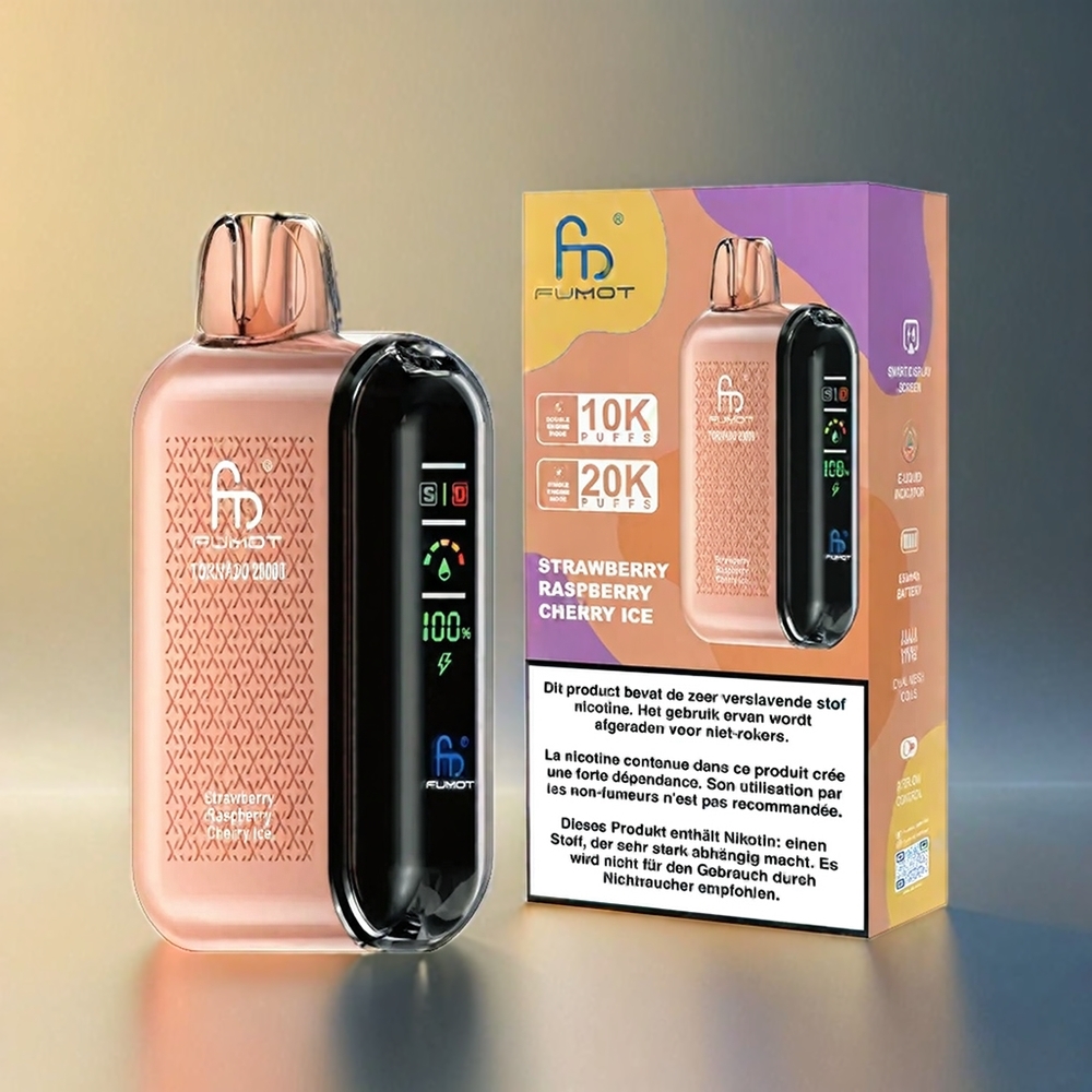 Fumot Tornado 20000 Puffs France Grosiste Avec Double Mesh Coil, 20 ml e-liquide et batterie 850mAh - Fulse Framboise Cerise Glacée