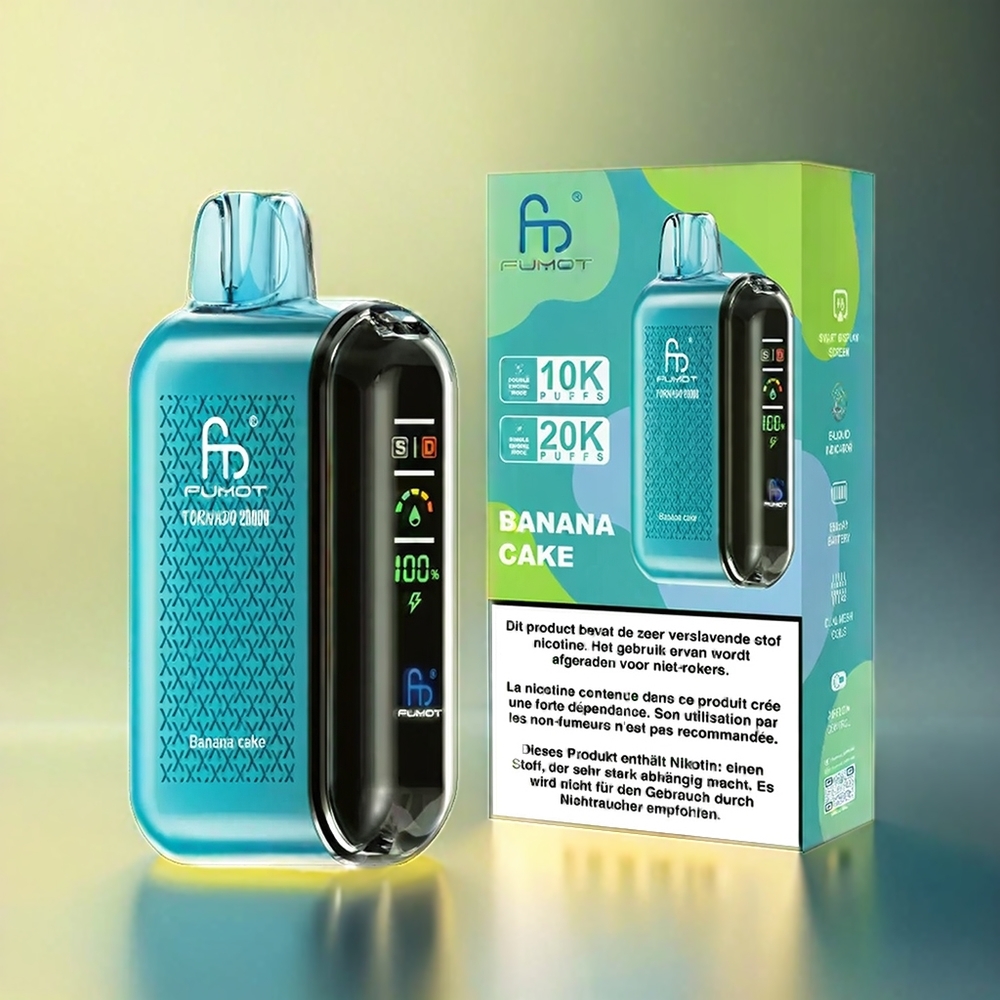 Fumot Tornado 20000 Puffs France Grosiste - Double Mesh Coil, 20 ml, Affichage Intelligent, Banana Cake (Gâteau à la Banane)