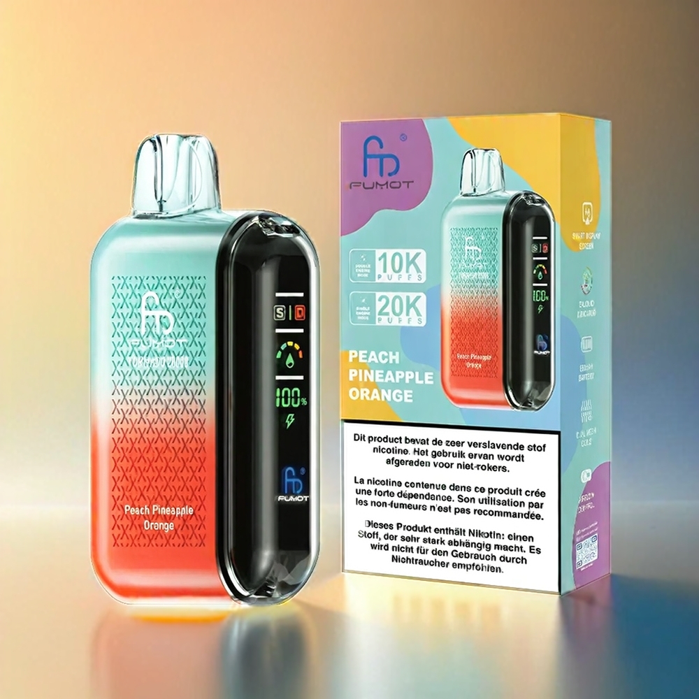 Fumot Tornado 20000 Puffs France Grossiste AVEC COIL DOUBLE MESH ET 20ML E-LIQUIDE, Parfum Pêche ananas Orange.