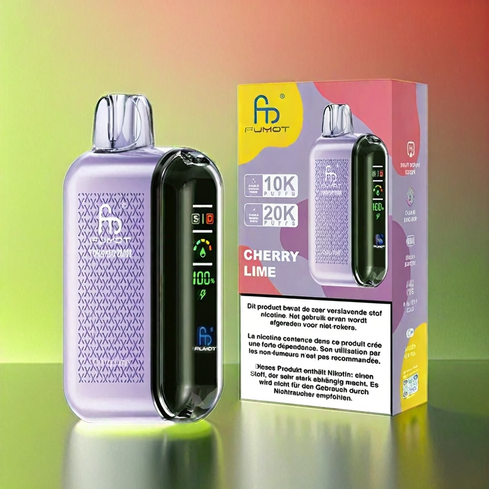 Fumot Tornado 20000 Puffs France Grossiste Avec Double Mesh Coil et Affichage Intelligent - Cerise Citron Vert
