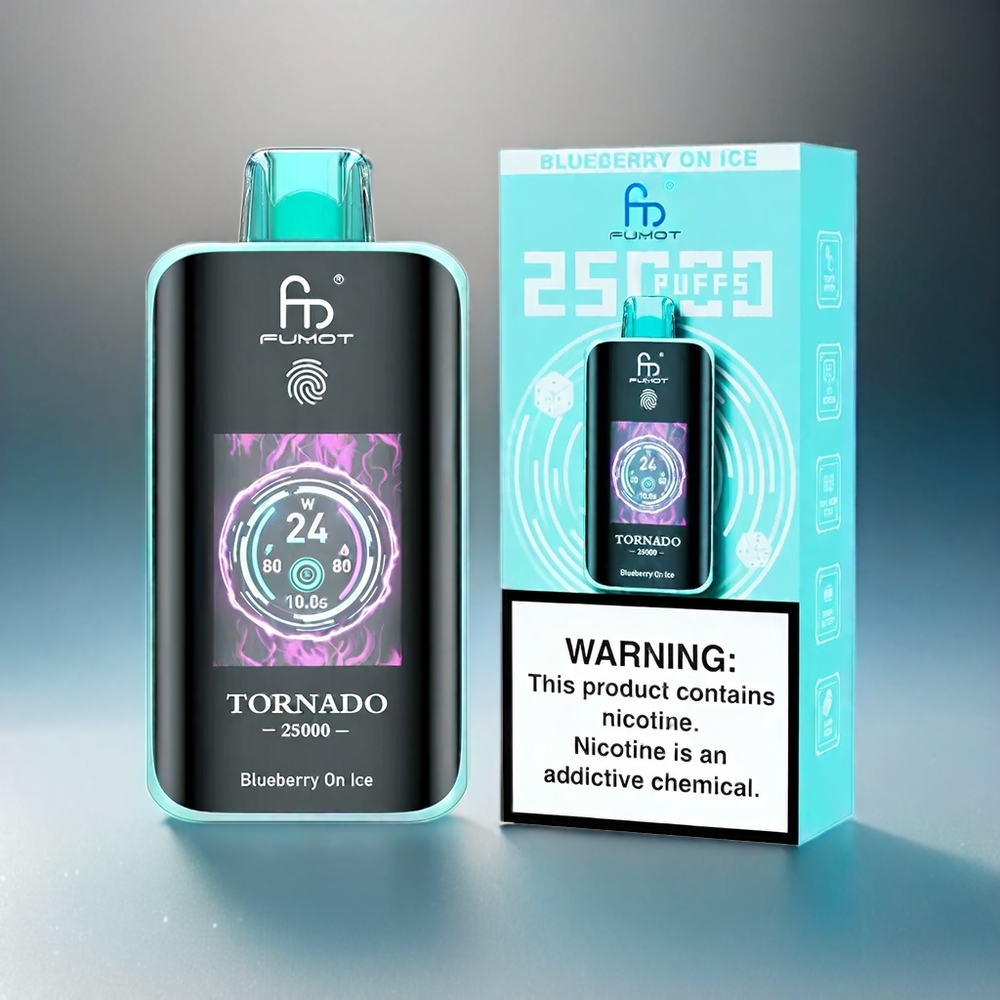 Fumot Tornado 25000 Puffs France Grosiste Avec Écran HD, Batterie 700mAh RECHARAGE ET E-LIQUIDE 20ML PRÉ-REMPLI - MYRTILLE Glacée Bleue