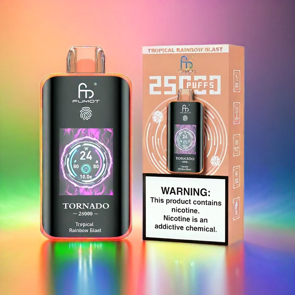 Fumot Tornado 25000 Puffs France Grossiste Écran HD AVEC Batterie 700mAh Rechargeable et e-liquide 20ml Pré-Rempli Tropical Arc-en Ciel Explosif