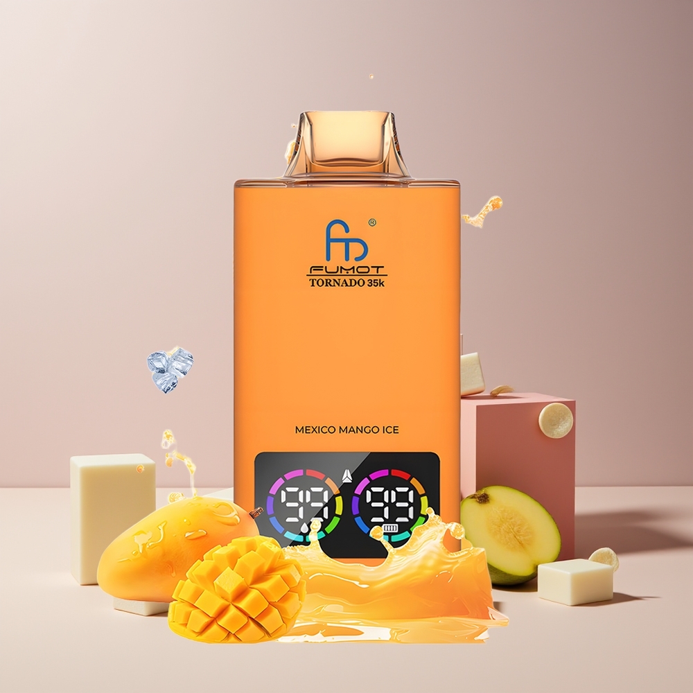 Fumot Tornado 35K Disposable Vape France Grossiste - Double Mesh, 15ml de E-liquide, 700 MAH, Charge Rapide USB-C, Mangue Glacée Mexique, 35000 Puffs