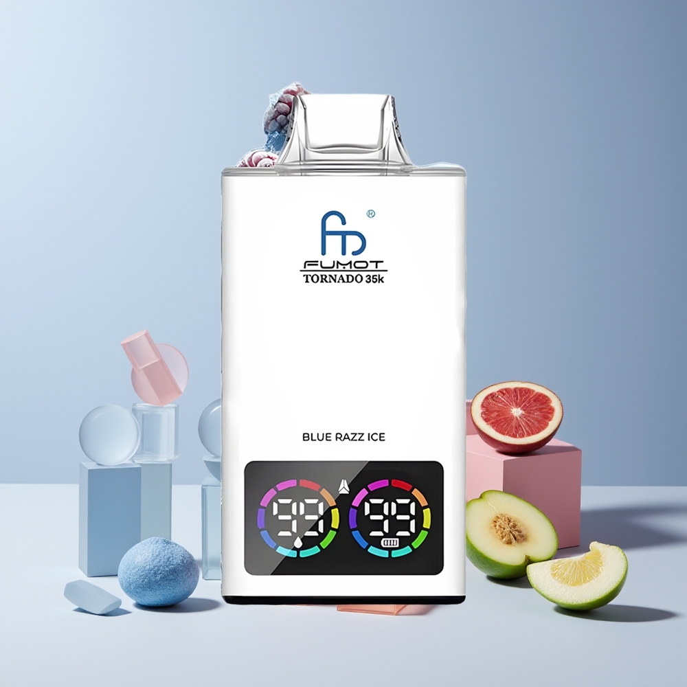 Fumot Tornado 35K Vape Jetable France Grossiste - Double Mesh, 15ml E-liquide, 35000 Puffs, Batterie 700 MAH, Lumières RGB, Bleu Framboise Glacé