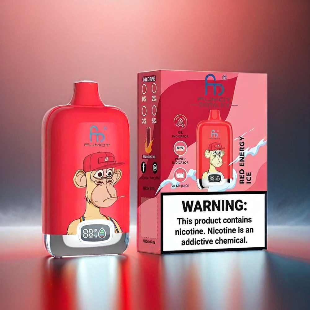 Fumot Tornado Digital Box 12000 Puffs France Grosiste 20ml Boîtier Numérique 550mAh Type-C Glace Énergie Rouge