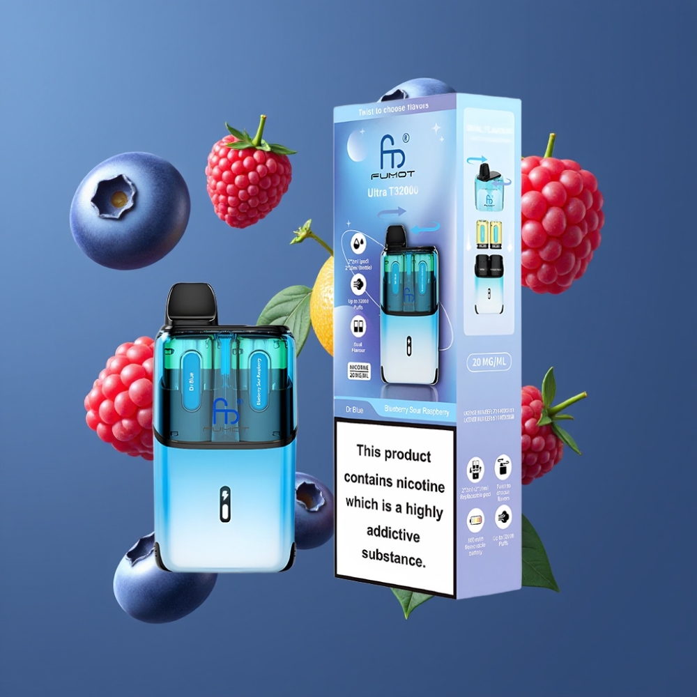 Fumot Ultra T32000 France Grossiste - 32000 Puffs, 800mAh, 24ml, Charge Type-C, 20mg, Bleu & Myrtille Framboise Acidulée