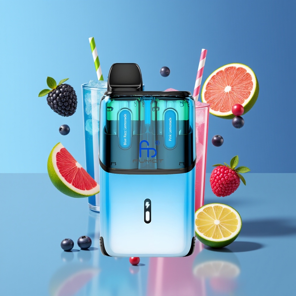 Fumot Ultra T32000 France Grossiste - 32000 Puffs, 800mAh, 24ml, Charge Type-C, 20mg, Double Saveur: Bleu Framboise Citronnée & Citronnée Rose