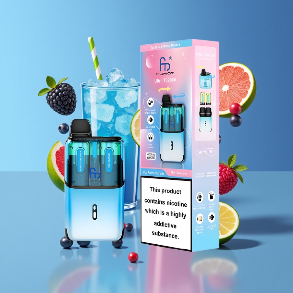 Fumot Ultra T32000 France Grossiste - 32000 Puffs, 800mAh, 24ml, Charge Type-C, 20mg, Double Saveur: Bleu Framboise Citronnée & Citronnée Rose