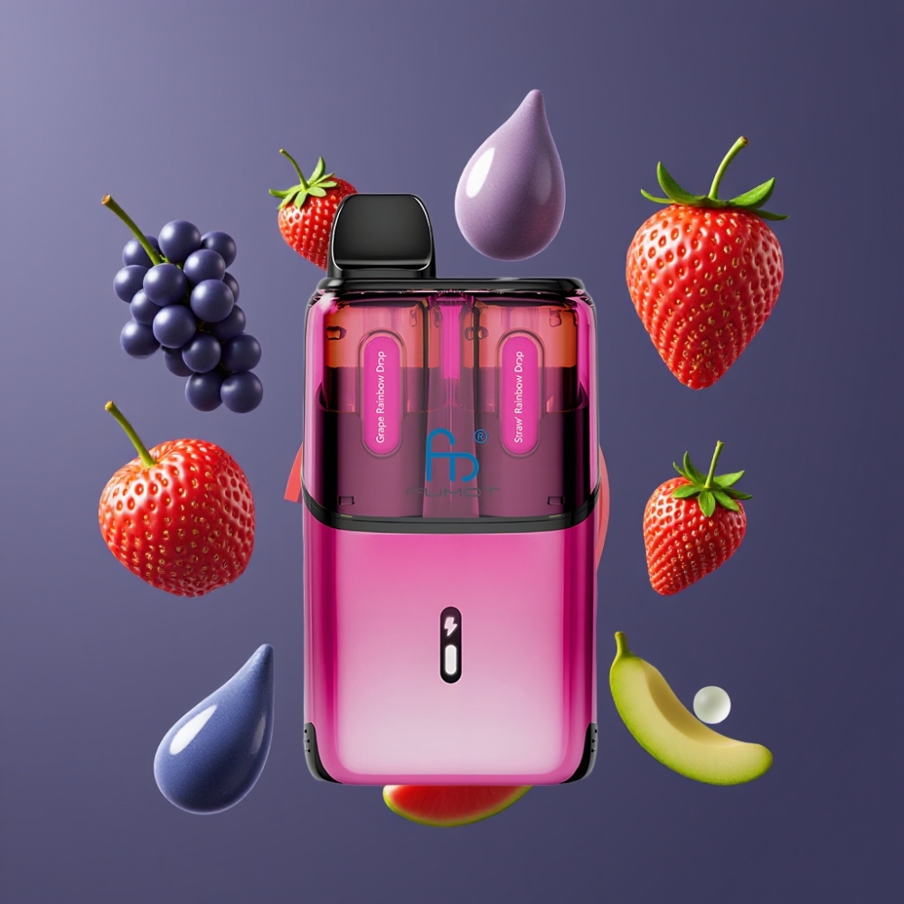 Fumot Ultra T32000 France Grossiste - 32000 Puffs, 800mAh, 24ml, Charge Type-C, 20mg, Double Saveur (Grain de Raisin Arc-en-Ciel & Fraise Arc-en-Ciel)