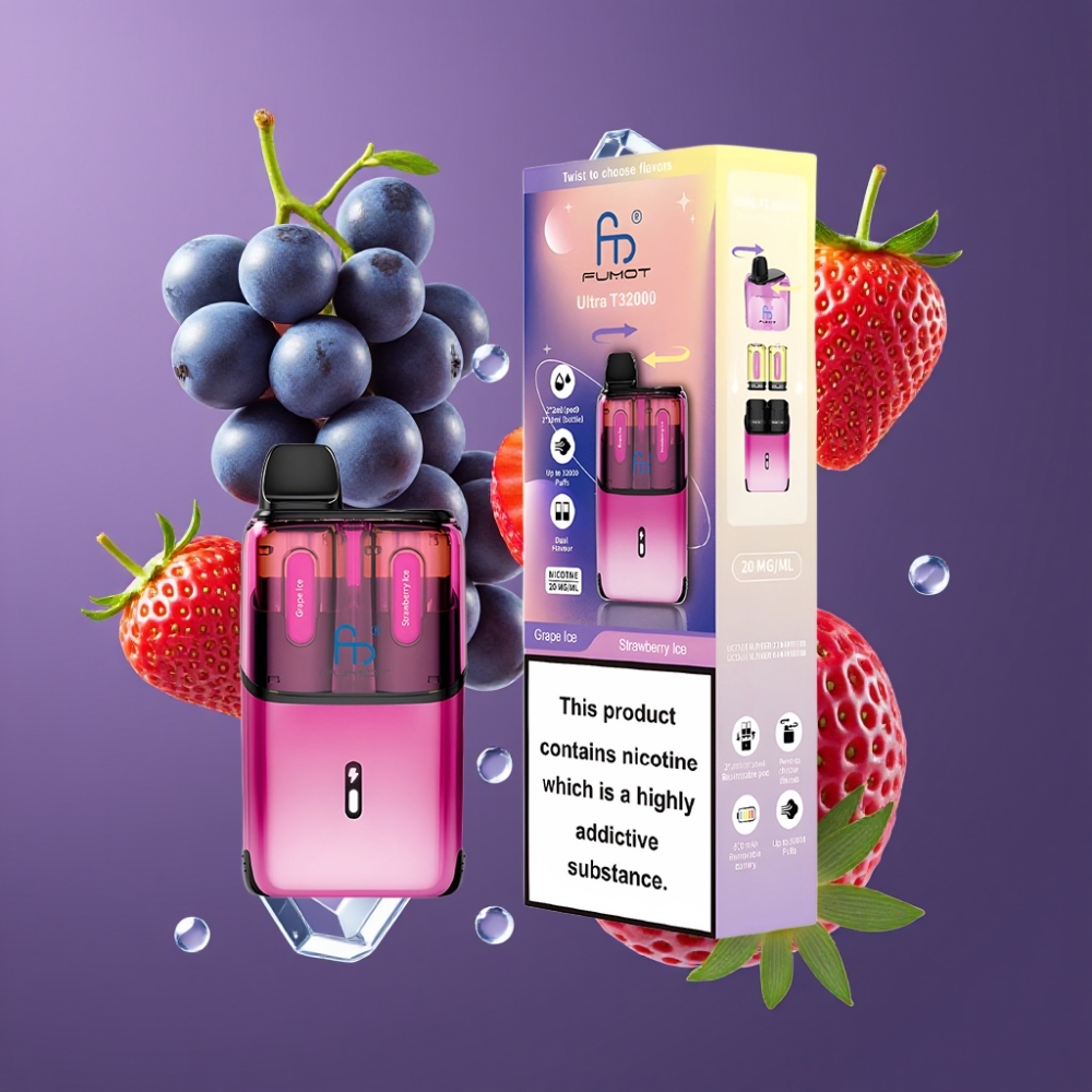 Fumot Ultra T32000 France Grossiste - 32000 Puffs, 800mAh, 24ml, Glace Raisin & Glace Fraise