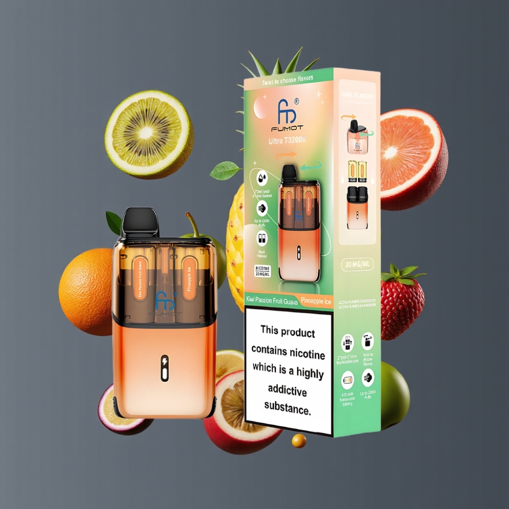 Fumot Ultra T32000 France Grossiste - 32000 Puffs, 800mAh, 24ml, Type-C, 20mg, Kiwi Fruit de la Passion Goyave & Ananas Glacé