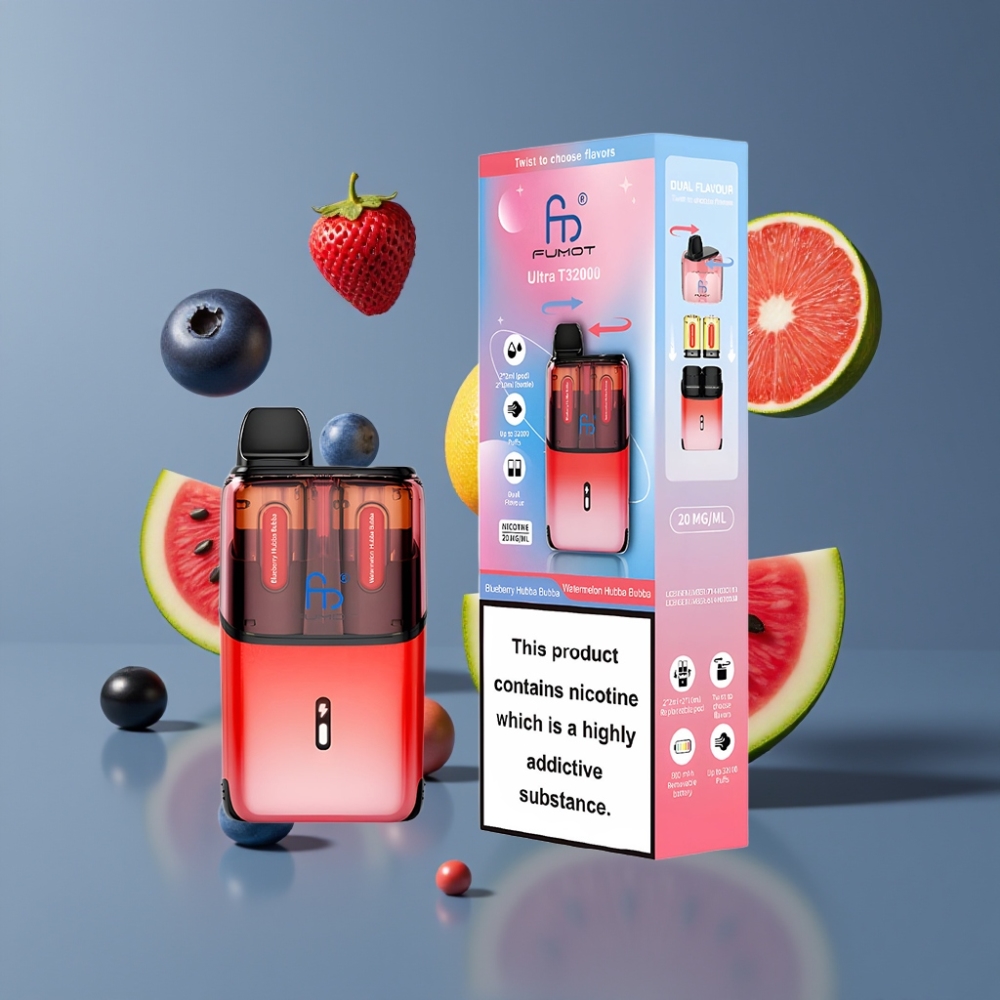 Fumot Ultra T32000 France Grossiste - 32000 Puffs, Batterie 800mAh, E-Liquide 24ml, Charge Rapide Type-C, Myrtille Hubba Bubba & Pastèque Hubba Bubba