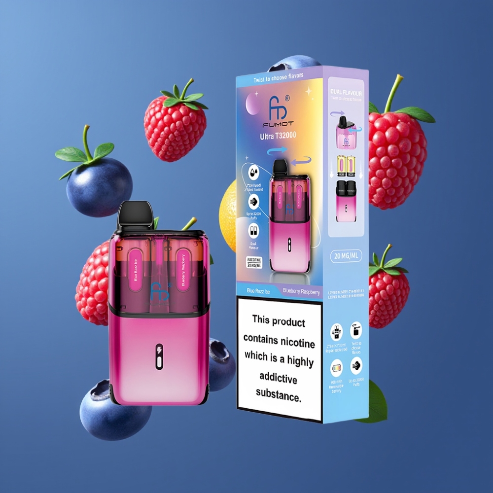Fumot Ultra T32000 Vape Jetable France Grossiste - 32000 Puffs, 800mAh, 24ml, Charge Rapide Type-C, 20mg, Mesh Avancé, Bleu Framboise Glace & Myrtille Framboise