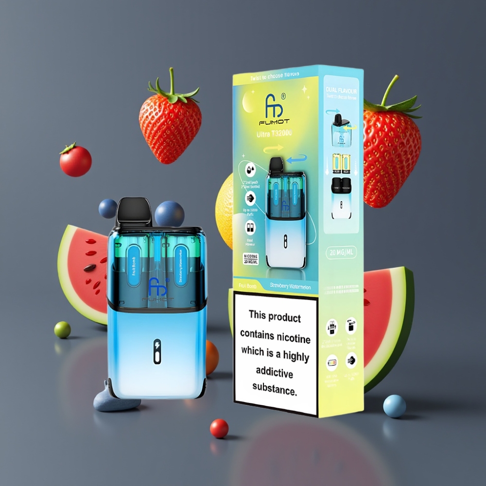Fumot Ultra T32000 Vape Jetable France Grossiste - 32000 Puffs, 800mAh, 24ml, Charge Type-C, Bombe de Fruits & Pastèque-Fraise