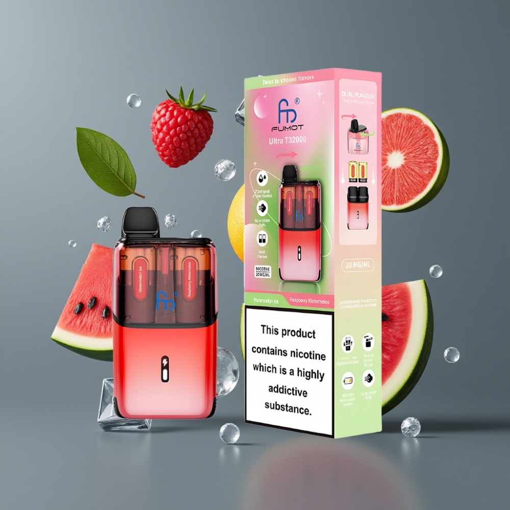 Fumot Ultra T32000 Vape Jetable France Grossiste - 32000 Puffs, 800mAh, Charge Rapide Type-C, Pastèque Glacée & Framboise Pastèque