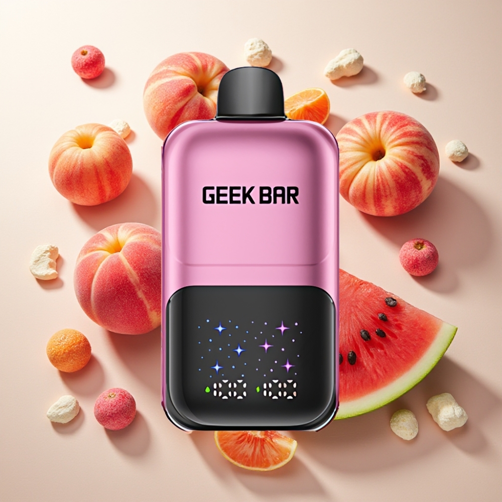 GEEKBAR 2GO 20ml 50000 Puffs Deux Série France Grossiste - Pêche & Pastèque - Écran Interactif, Réservoirs Doubles, 5% Nicotine, Rechargeable