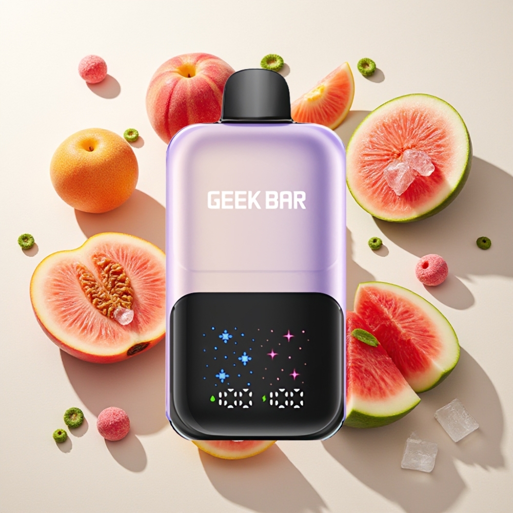 GEEKBAR 2GO 20ml 50000 Puffs France grossiste - Double Réservoir, Écran Interactif, 3 Niveaux d'Ajustement, Pêche Mangue Pastèque Glacée