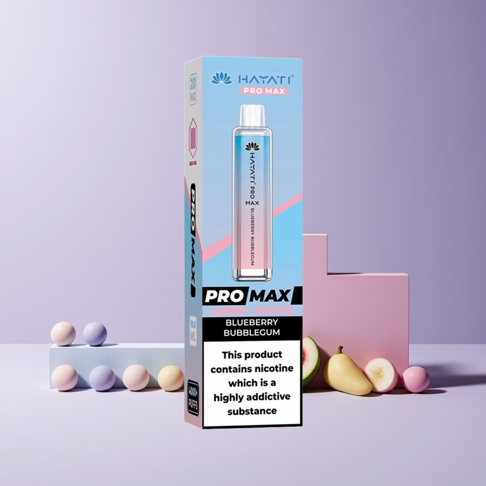 Hayati Pro Max 4000 Puffs France Grossiste - E-Cigarette Jetable Rechargeable avec Batterie 1400mAh, Double Bobine Mesh 1.1 Ohm, Arôme Bubblegum Myrtille (2ml/10ml, 2% ou 5% Nicotine)