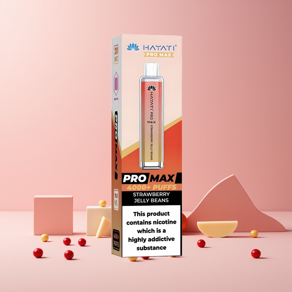 Hayati Pro Max 4000 Puffs France Grossiste - E-Cigarette Jetable Rechargeable avec Batterie 1400mAh, Dual 1.1 Ohm Mesh Coil et LED, Gelée de Fraise (Strawberry Jelly Beans)