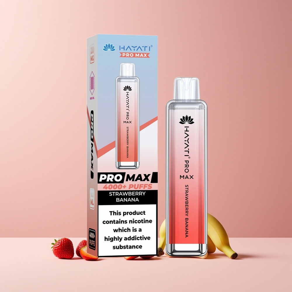 Hayati Pro Max 4000 Puffs France Grossiste - E-Cigarette Jetable Rechargeable avec Double Bobine Mesh 1.1 Ohm, Batterie 1400mAh, LED Cristal, 2ml/10ml, TPD-Conforme, Fraise Banane