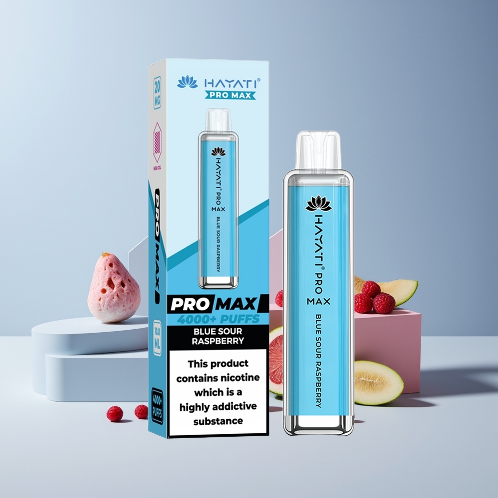 Hayati Pro Max 4000 Puffs France Grossiste - E-Cigarette Jetable Rechargeable avec Double Bobine Mesh 1.1 Ohm, Batterie 1400mAh, LED Cristal, Saveur Framboise Acidulée Bleue, 2% ou 5% Nicotine