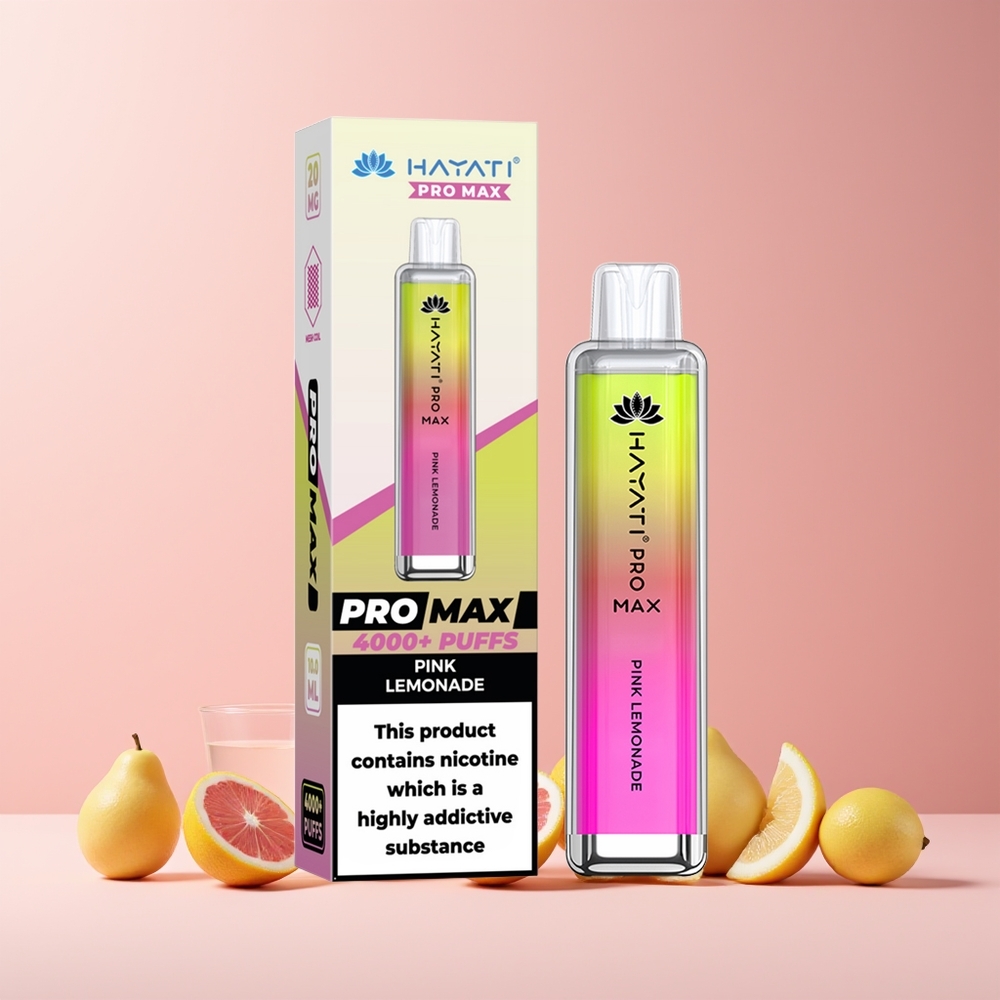 Hayati Pro Max 4000 Puffs France Grossiste - E-Cigarette Jetable Rechargeable avec Double Mesh Coil 1.1 Ohm, Batterie 1400mAh, 2ml/10ml Réservoir, LED Cristal, Citronade Rose (Pink Lemonade) - 2%, 5% 