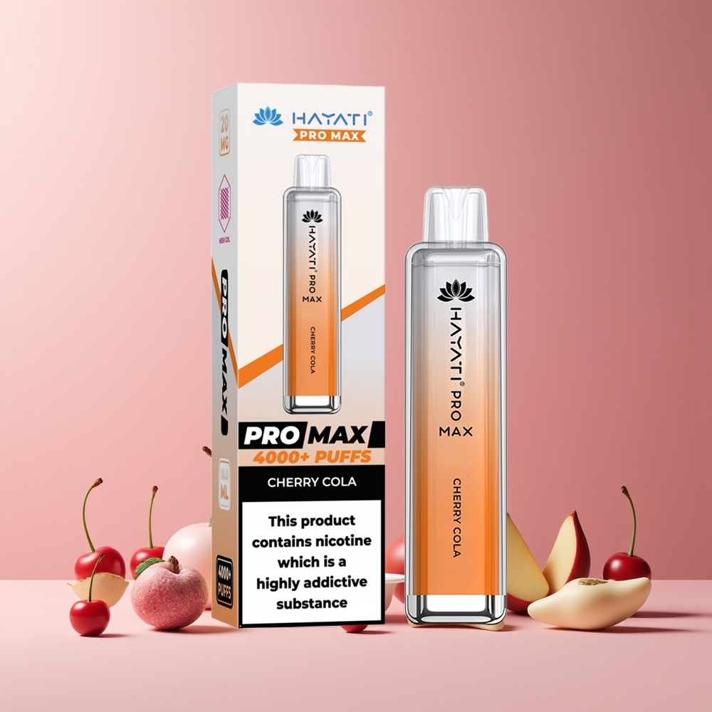 Hayati Pro Max 4000 Puffs France Grossiste - E-Cigarette Jetable Rechargeable avec Double Résistance Mesh 1.1 Ohm, Batterie 1400mAh et LED, Apparence Cristal, Saveur Cerise Cola