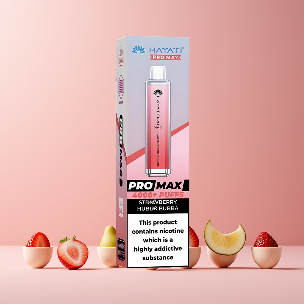 Hayati Pro Max 4000 Puffs France Grossiste - E-cigarette Jetable Rechargeable avec Batterie 1400mAh, Double Bobine Mesh 1.1 Ohm, 2ml/10ml Réservoir, Fraise Hubba Bubba (5% Nicotine)