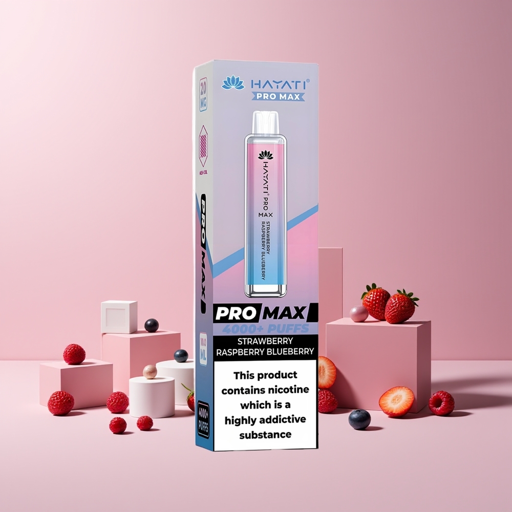 Hayati Pro Max 4000 Puffs France Grossiste - E-cigarette Jetable Rechargeable avec Batterie 1400mAh, Double Bobine Mesh 1.1 Ohm, LED Cristal (Fraise, Framboise, Myrtille)