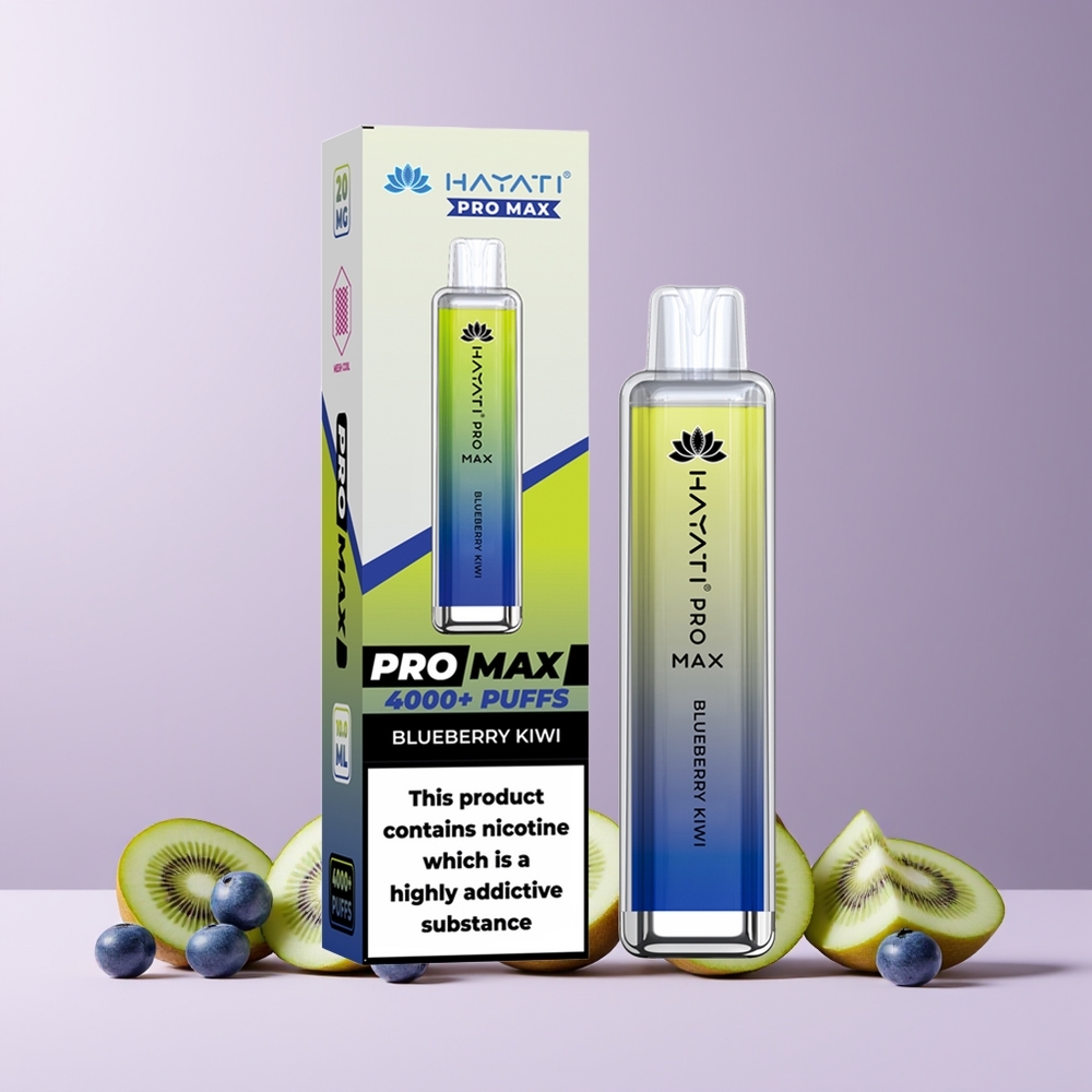 Hayati Pro Max 4000 Puffs France Grossiste - E-cigarette Jetable Rechargeable avec Double Bobine Mesh 1.1 Ohm, Batterie 1400mAh, Bleuet Kiwi (Blueberry Kiwi)