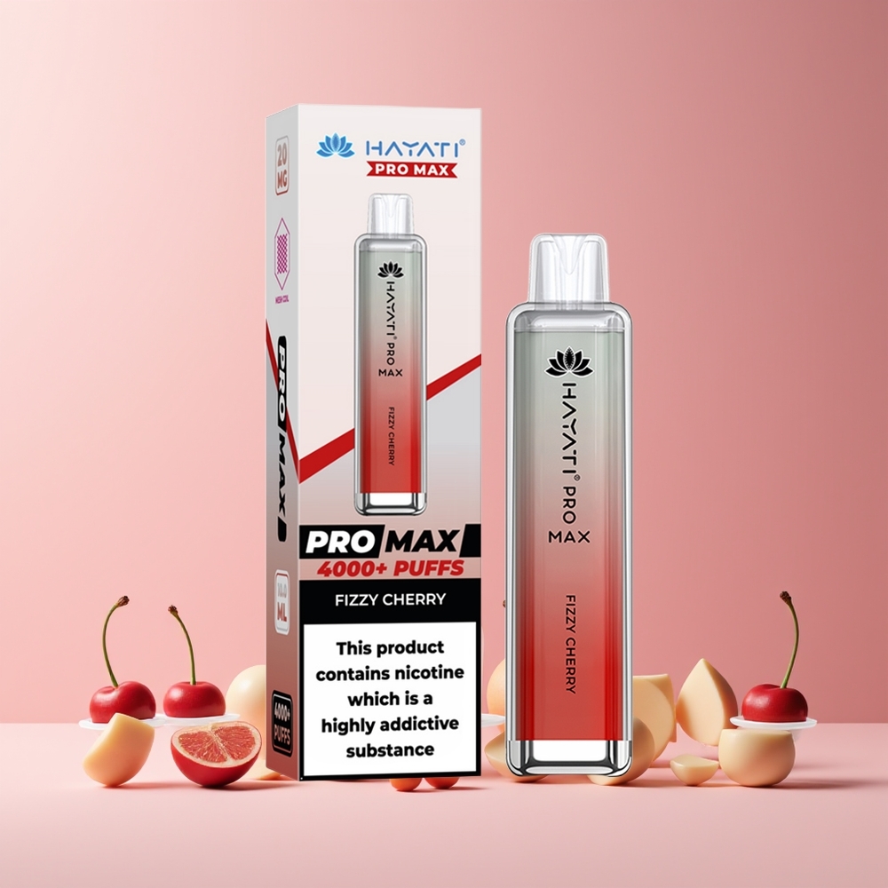 Hayati Pro Max 4000 Puffs France Grossiste - E-cigarette Jetable Rechargeable avec Double Bobine Mesh 1.1 Ohm, Batterie 1400mAh, Cerise Pétillante (Fizzy Cherry), 2%/5% Nicotine