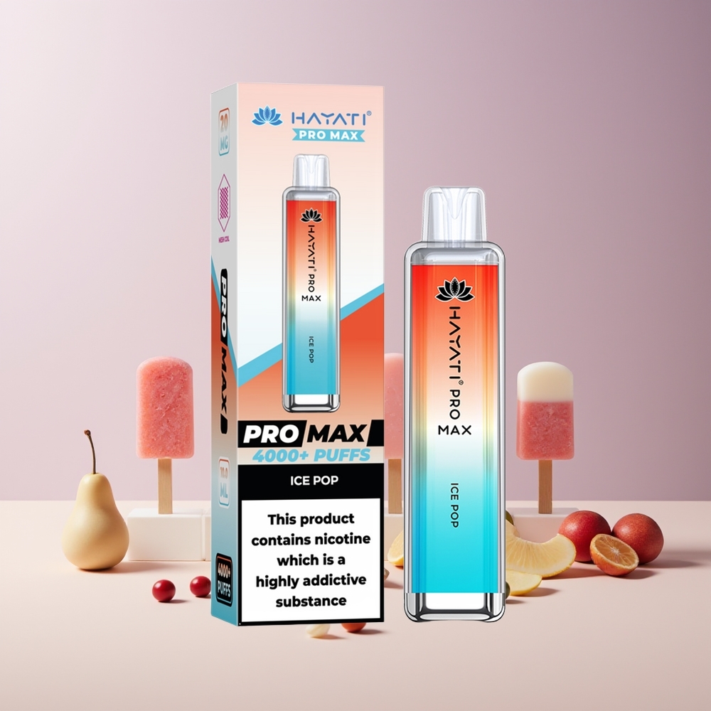 Hayati Pro Max 4000 Puffs France Grossiste - E-liquide 2% ou 5%, Double Bobine Mesh 1.1 Ohm, Batterie 1400mAh Rechargeable, Apparence Cristal, Saveur Ice Pop (Glace Fruitée)