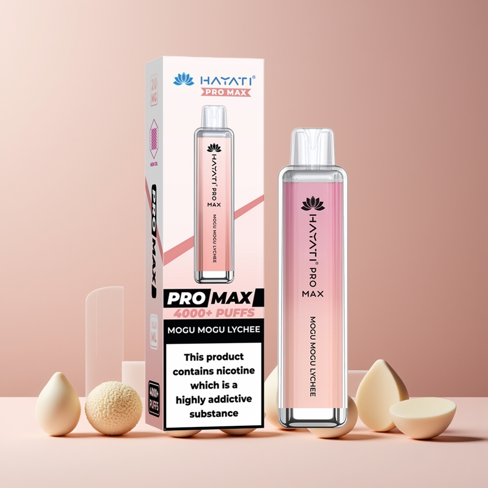 Hayati Pro Max 4000 Puffs France Grossiste - Rechargeable, 1400mAh, Double Résistance Mesh 1.1 Ohm, Lychee Mogu Mogu, Apparence Cristal, 2%/5% Nicotine