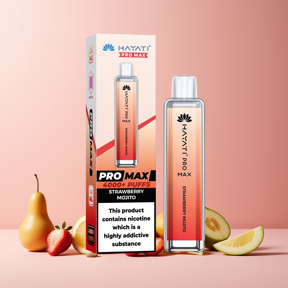 Hayati Pro Max 4000 Puffs France Grossiste - Vape Jetable Rechargeable avec Batterie 1400mAh, Coil Dual 1.1 Ohm, Mojito Fraise (Strawberry Mojito), 2%/5% Nicotine, 4000 Bouffées