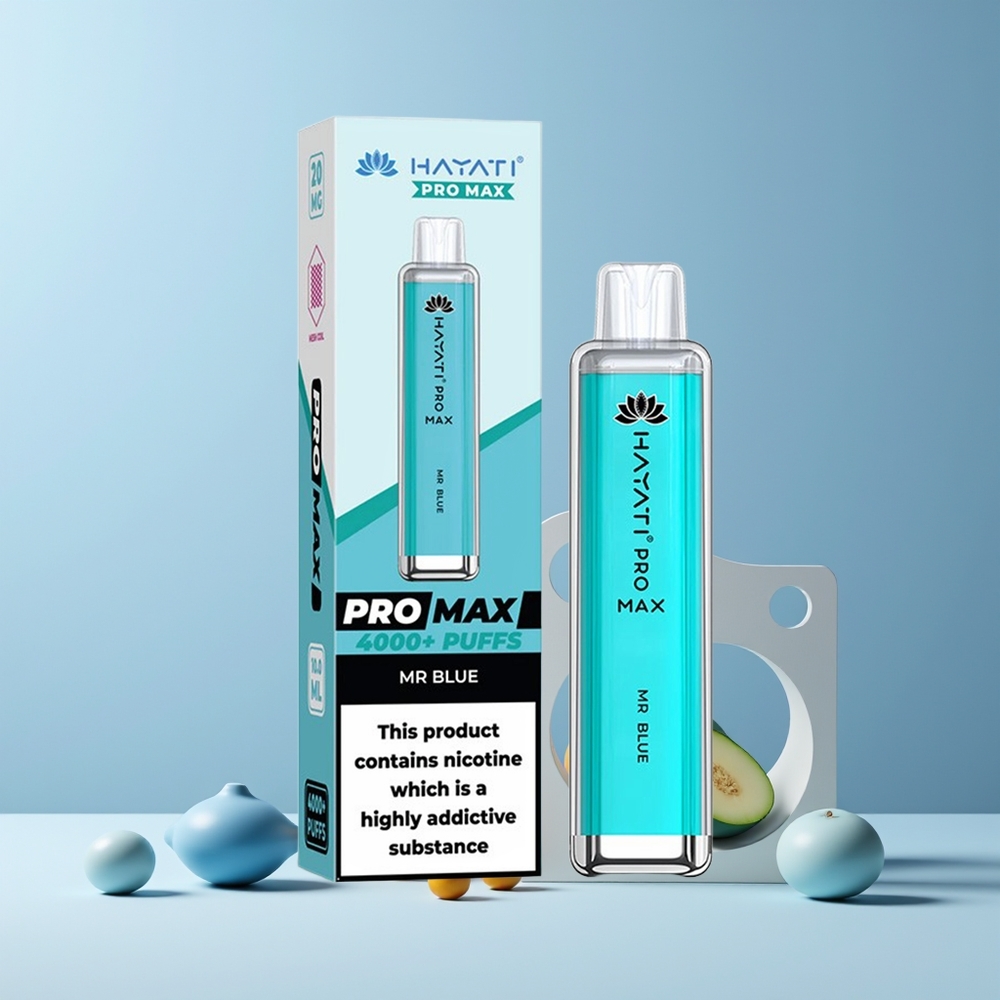 Hayati Pro Max 4000 Puffs France Grossiste - Vape Jetable Rechargeable avec Batterie 1400mAh, Double Bobine Mesh 1.1 Ohm, Réservoir 2ml et 10ml Auto-Remplissage, Apparence Cristal, Bleu Monsieur (Mr B