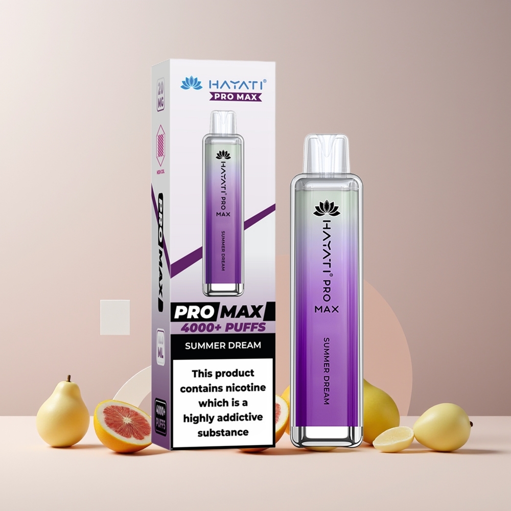 Hayati Pro Max 4000 Puffs France Grossiste - Vape Jetable Rechargeable avec Double Bobine Mesh 1.1 Ohm, Batterie 1400mAh et Rêve d'Été