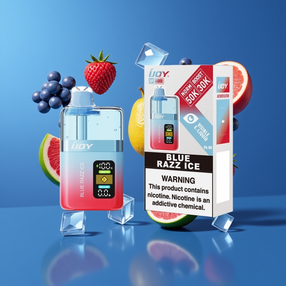 IJOY XP50000 France Grossiste - Dispositif de Vape Jetable avec Double Mesh 0,4Ω, 50000 Bouffées, Batterie 1000 mAh, Airflow Réglable et Saveur Bleu Framboise Glacée