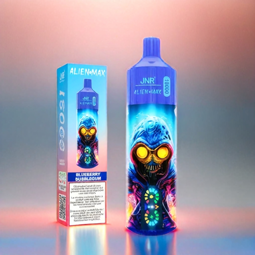 Jnr Alien Max 18000 Puffs France Grossiste Avec Écran LED Intelligent, Double Mesh Coil et Double Core, 28ML E-Liquide, 850mAh, Charge Rapide Type-C, Saveur Bubblegum Myrtille