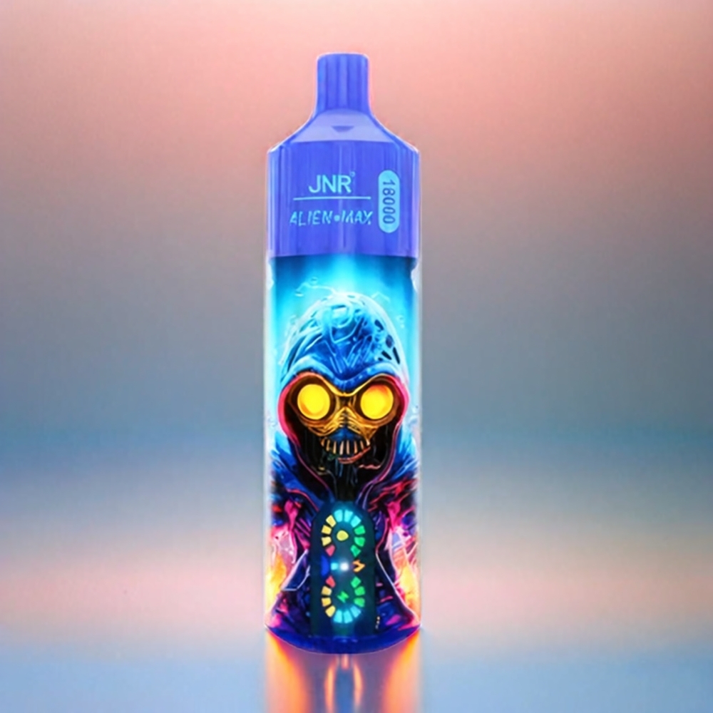 Jnr Alien Max 18000 Puffs France Grossiste Avec Écran LED Intelligent, Double Mesh Coil et Double Core, 28ML E-Liquide, 850mAh, Charge Rapide Type-C, Saveur Bubblegum Myrtille