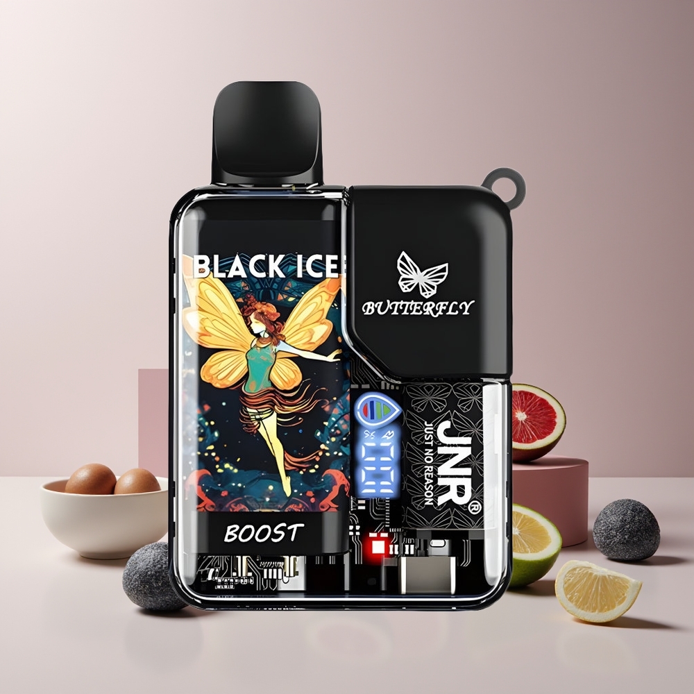 JNR Butterfly 8500 Puffs France Grossiste - 15ml Capacité, Affichage Numérique, Design Transparent avec Ruban, Glace Noire (Black Ice)